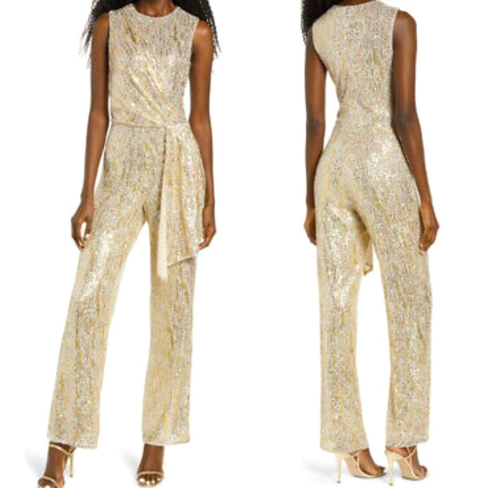 Saylor Briar Gold Foiled Sequin Sleeveless Jumpsuit Silver/Gold